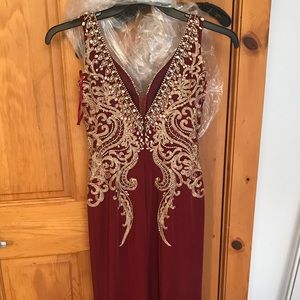 Red prom dress with gold sequins